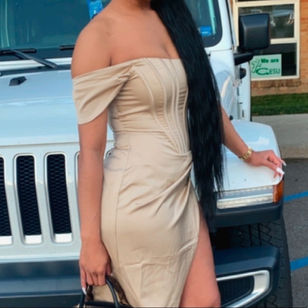 Satin off the should dress w/ deep split